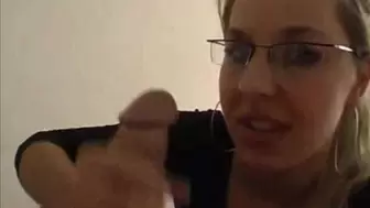 Cute blonde bitch with glasses gives hand-job cums on