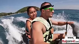 Amatuer Oriental teeny Cherry swallowing a gigantic white meat on a jet ski