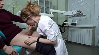 A female ukrainian doctor with glasses grabbed the patient's dong and began to greedily give him a hard core bj