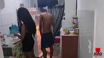Fiance wakes up with fire in his cock and catches his wifey in the kitchen and lifts her in his lap and rides her all over until her vagina is full of spunk