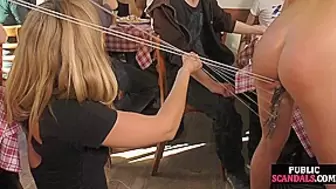 Thin scandalous BDSM chick swallows prick at restaurant