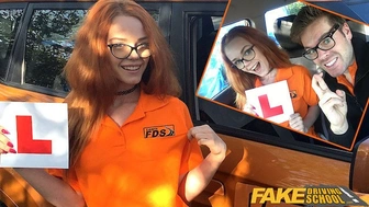 Fake Driving Instructor mounts his fine strawberry blonde teenie student in the car and gives her a cream pie