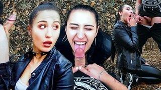 Outdoor Bj and Facefuck with a Humongous Sperm Shot for Ponytail Brunette in Leather Suite