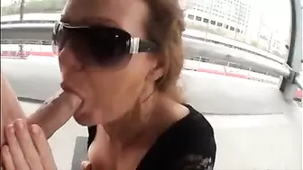 Older woman suck big dick outdoor and get facial