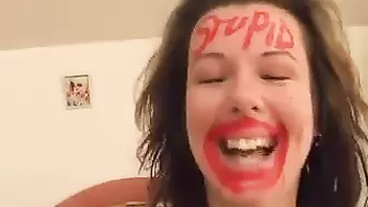 Slut gets stupid written on her forehead and likes it