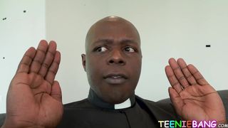 Amateur babe seduces black priest on couch until he cums