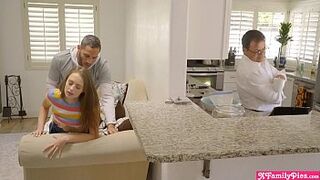 Kinky stepsiblings blow and fuck with dad right there